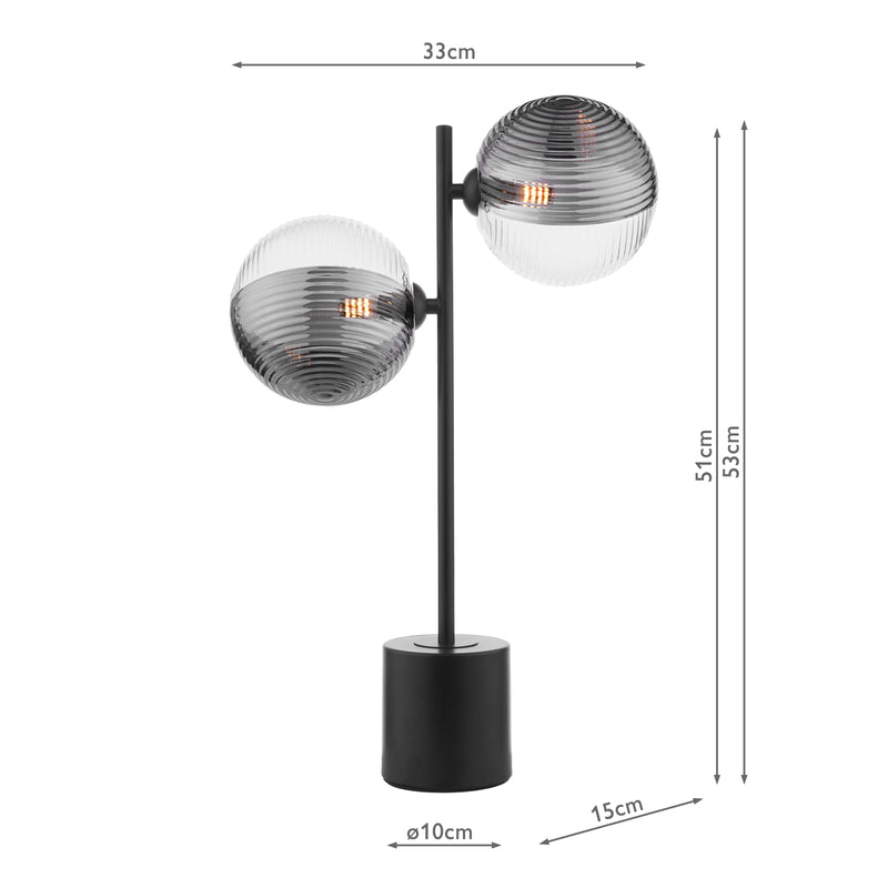 Dar Lighting Spiral 2 Light Table Lamp Matt Black With Smoked/Clear Ribbed Glass • SPI4222-19