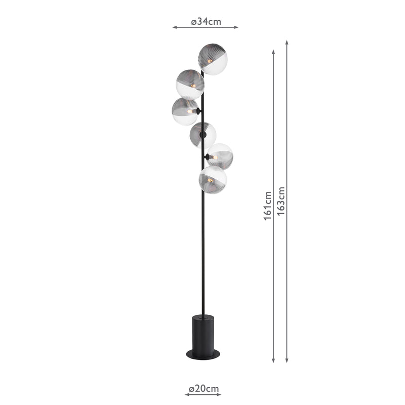 Dar Lighting Spiral 6 Light Floor Lamp Matt Black With Smoked/Clear Ribbed Glass • SPI4922-19