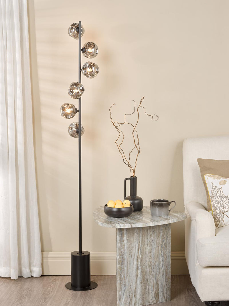 Dar Lighting Spiral 6 Light Floor Lamp Matt Black With Closed Organic Smoked Glass • SPI4922-28