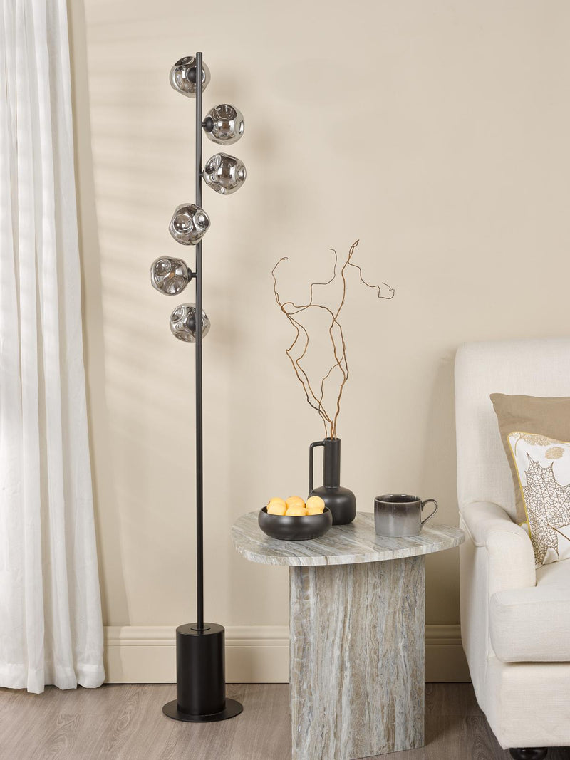 Dar Lighting Spiral 6 Light Floor Lamp Matt Black With Closed Organic Smoked Glass • SPI4922-28