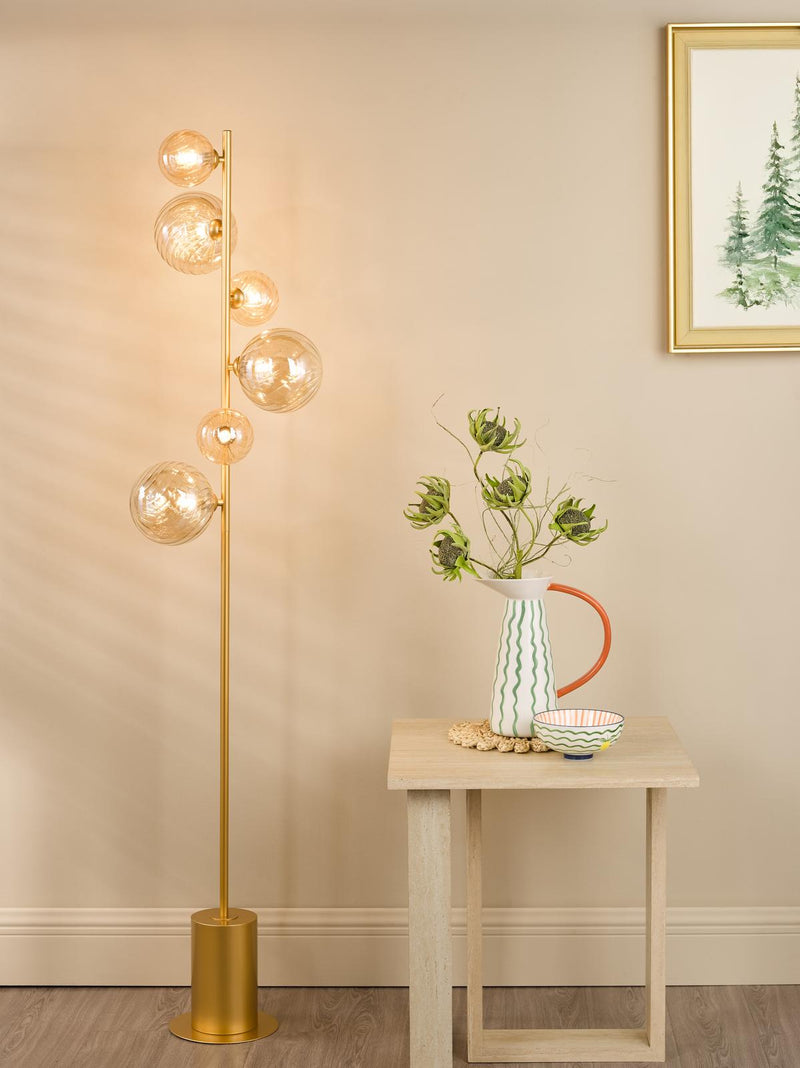Dar Lighting Spiral 6 Light Floor Lamp Matt Gold and Amber Glass • SPI4935-MIX