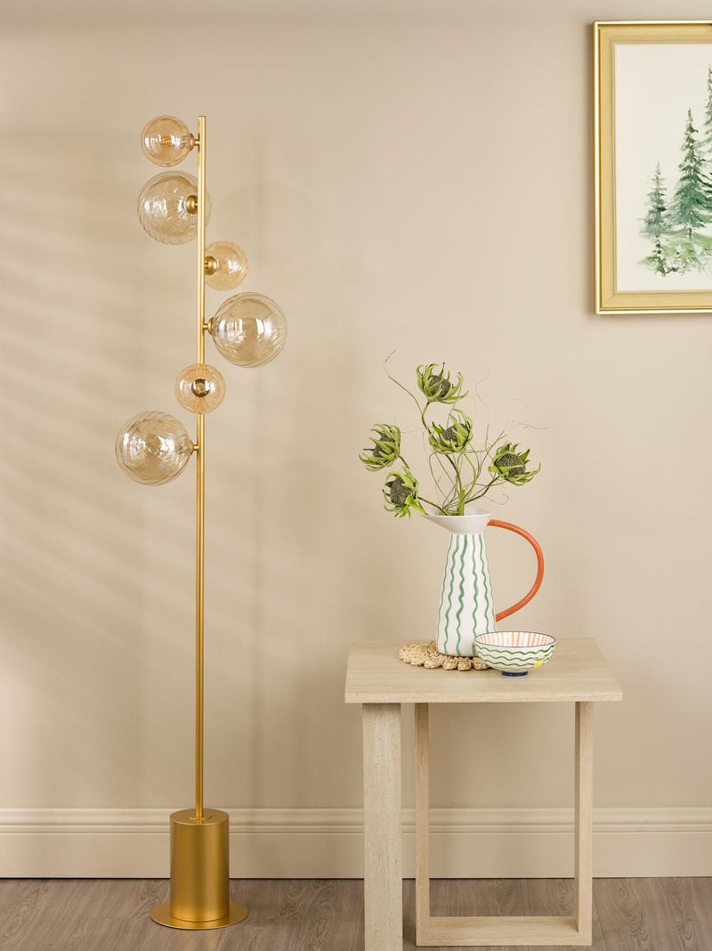 Dar Lighting Spiral 6 Light Floor Lamp Matt Gold and Amber Glass • SPI4935-MIX