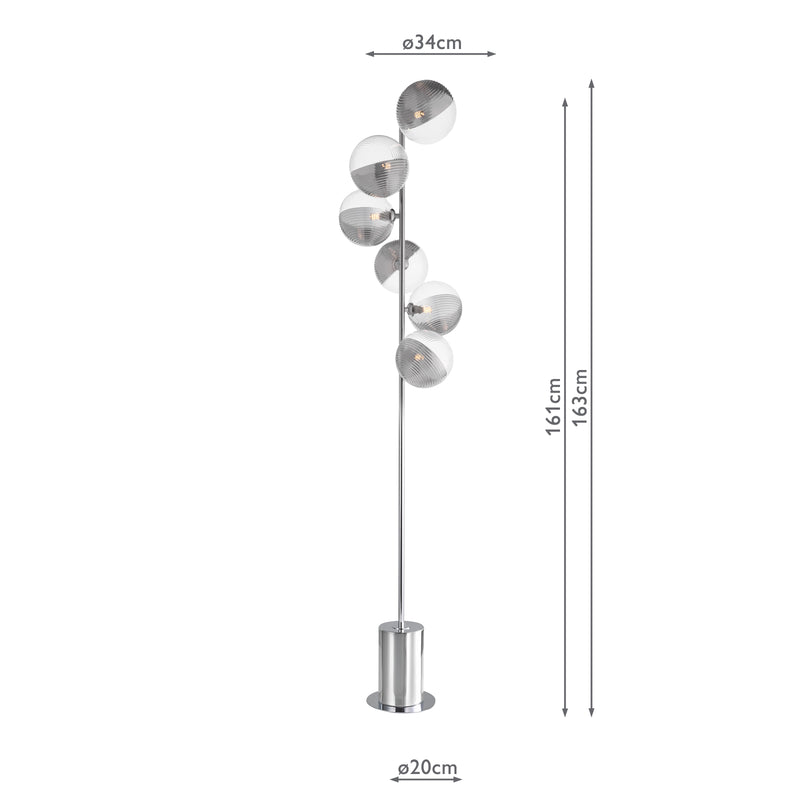 Dar Lighting Spiral 6 Light Floor Lamp Polished Chrome With Smoked/Clear Ribbed Glass • SPI4950-19