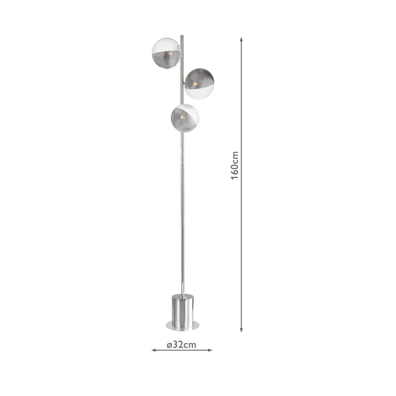 Dar Lighting Spiral 3 Light Floor Lamp Polished Chrome With Smoked/Clear Ribbed Glass • SPI5550-19