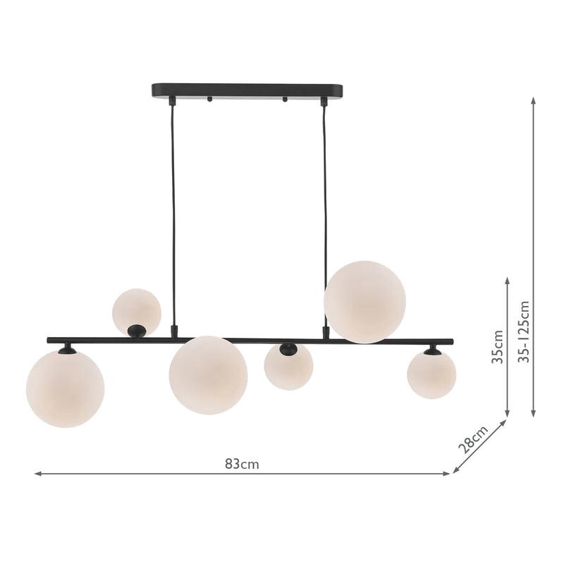 Dar Lighting Spiral 6 Light Bar Pendant Matt Black and Opal Glass • SPI6422-02-23