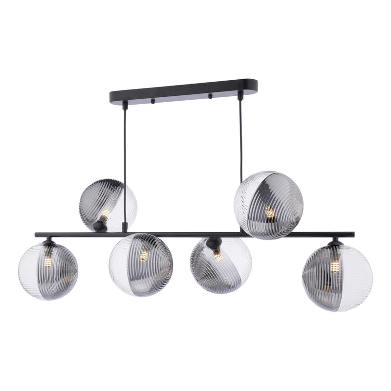 Dar Lighting Spiral 6 Light Bar Pendant Matt Black With Smoked/Clear Ribbed Glass • SPI6422-19