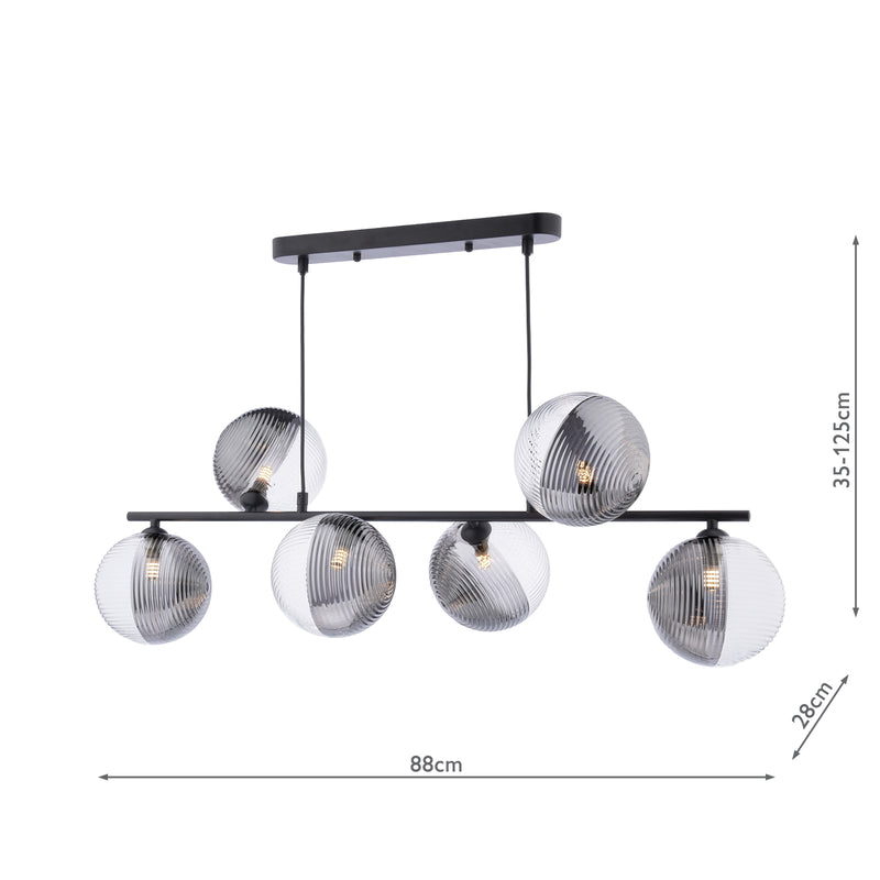 Dar Lighting Spiral 6 Light Bar Pendant Matt Black With Smoked/Clear Ribbed Glass • SPI6422-19