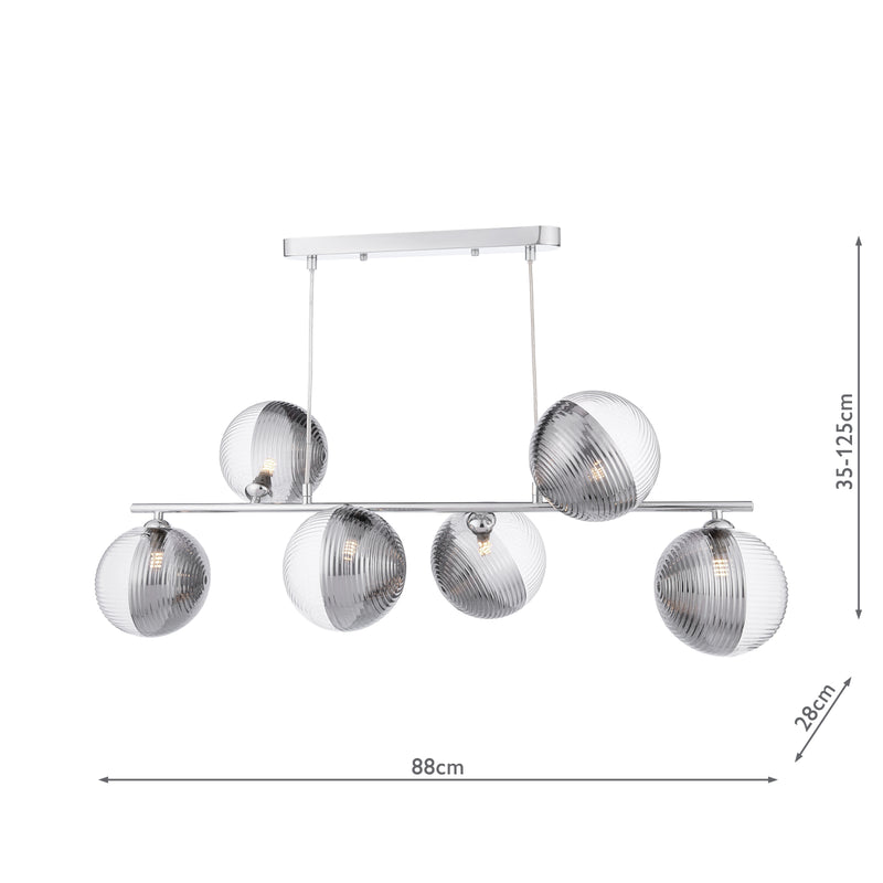 Dar Lighting Spiral 6 Light Bar Pendant Polished Chrome With Smoked/Clear Ribbed Glass • SPI6450-19