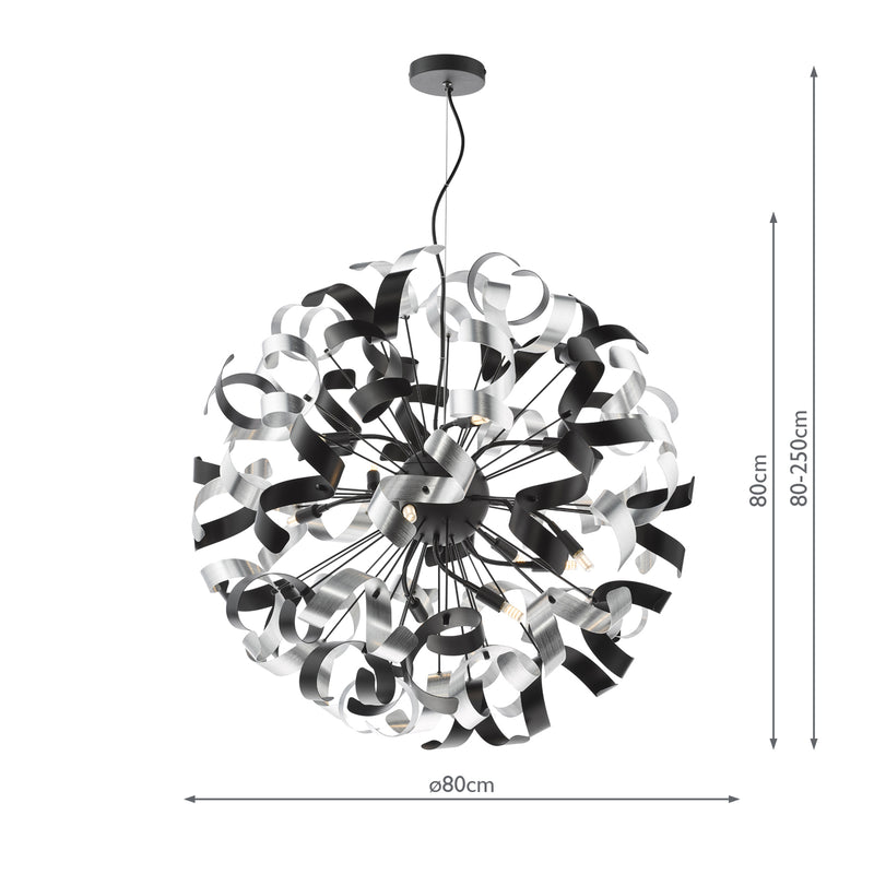 Dar Lighting Swash 12 Light Pendant Black With Black & Aluminium Ribbons • SWA1222-01