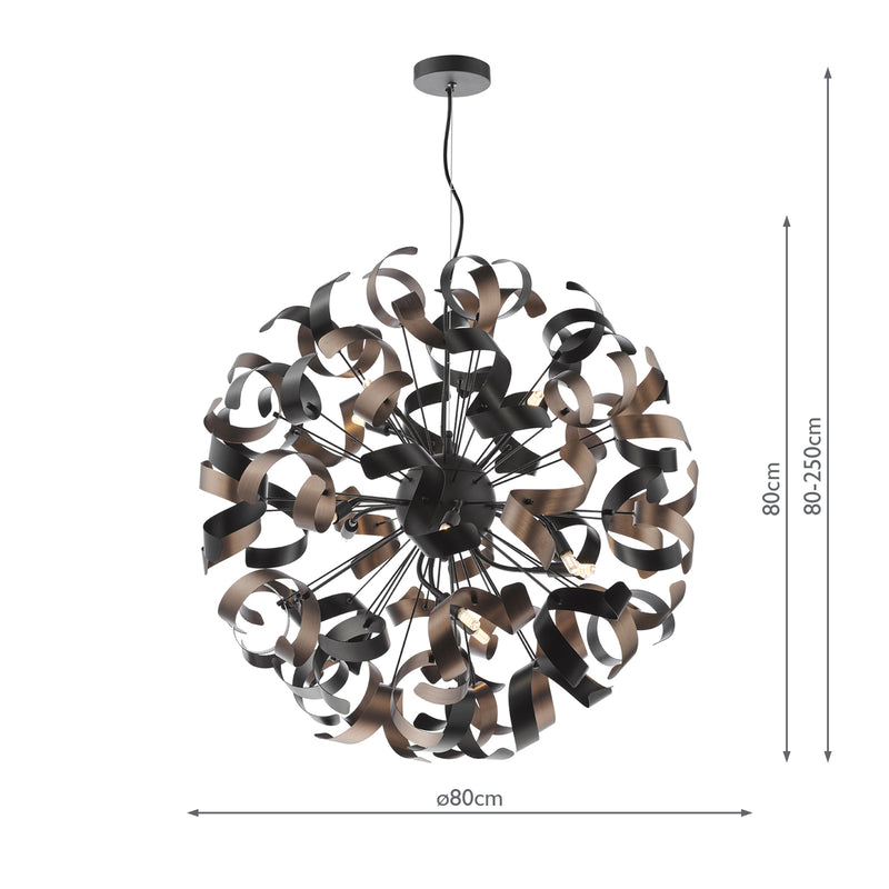 Dar Lighting Swash 12 Light Pendant Black With Copper Ribbons • SWA1222-07
