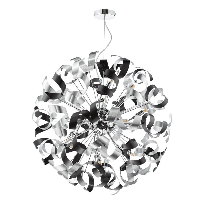 Dar Lighting Swash 12 Light Pendant Polished Chrome With Black & Aluminium Ribbons • SWA1250-01