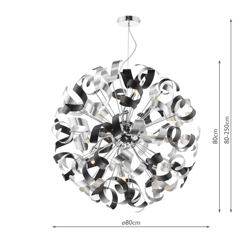 Dar Lighting Swash 12 Light Pendant Polished Chrome With Black & Aluminium Ribbons • SWA1250-01