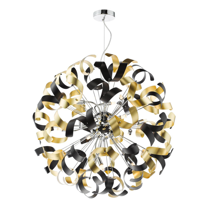 Dar Lighting Swash 12 Light Pendant Polished Chrome With Black & Gold Ribbons • SWA1250-02