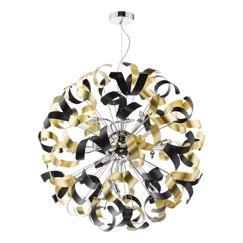 Dar Lighting Swash 12 Light Pendant Polished Chrome With Black & Gold Ribbons • SWA1250-02