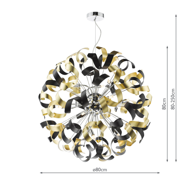 Dar Lighting Swash 12 Light Pendant Polished Chrome With Black & Gold Ribbons • SWA1250-02