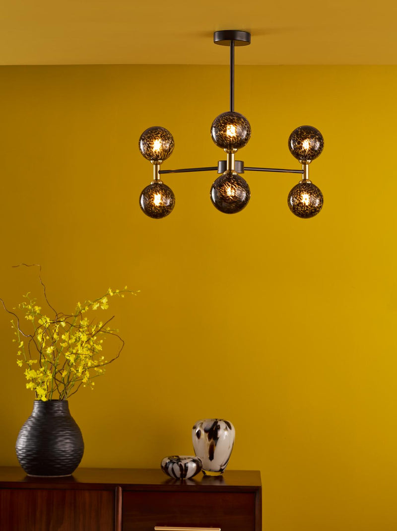 Dar Lighting Takara 6 Light Semi-Flush Matt Black and Bronze With Black Confetti Glass • TAK0654-21