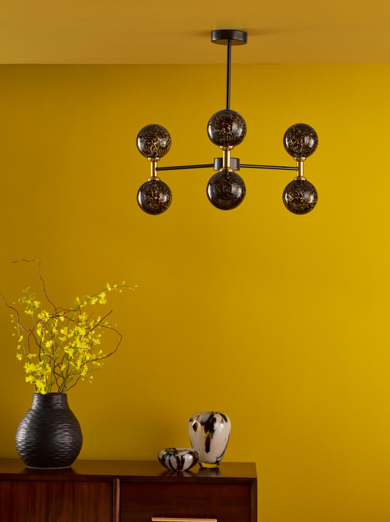 Dar Lighting Takara 6 Light Semi-Flush Matt Black and Bronze With Black Confetti Glass • TAK0654-21