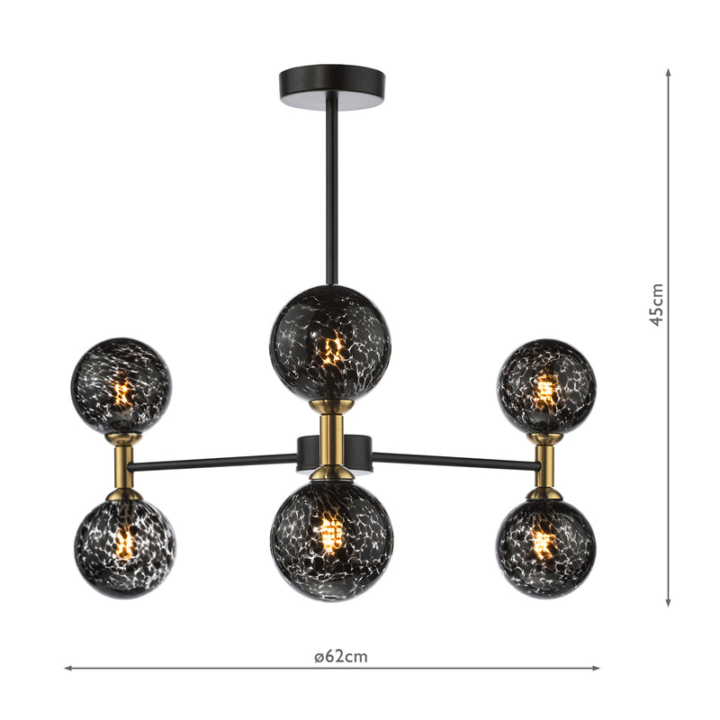 Dar Lighting Takara 6 Light Semi-Flush Matt Black and Bronze With Black Confetti Glass • TAK0654-21