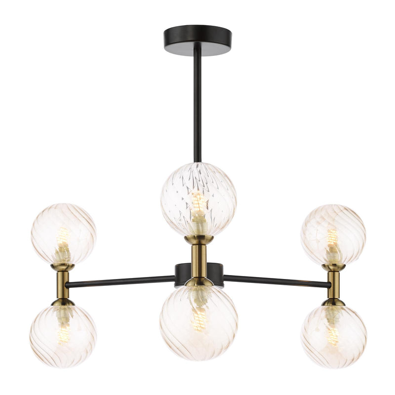 Dar Lighting Takara 6 Light Semi-Flush Matt Black and Bronze With Twisted Amber Glass • TAK0654-25