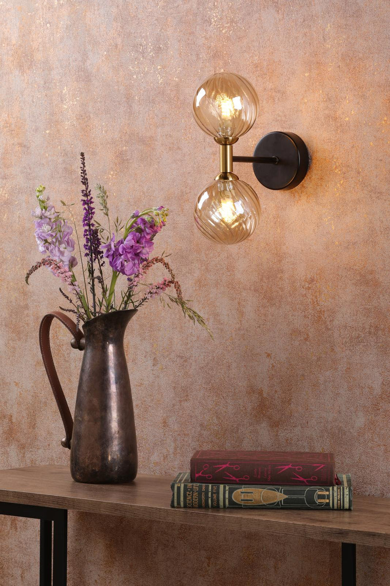 Dar Lighting Takara 2 Light Wall Light Matt Black and Bronze With Twisted Amber Glass • TAK0954-25