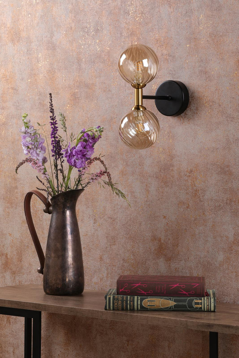 Dar Lighting Takara 2 Light Wall Light Matt Black and Bronze With Twisted Amber Glass • TAK0954-25