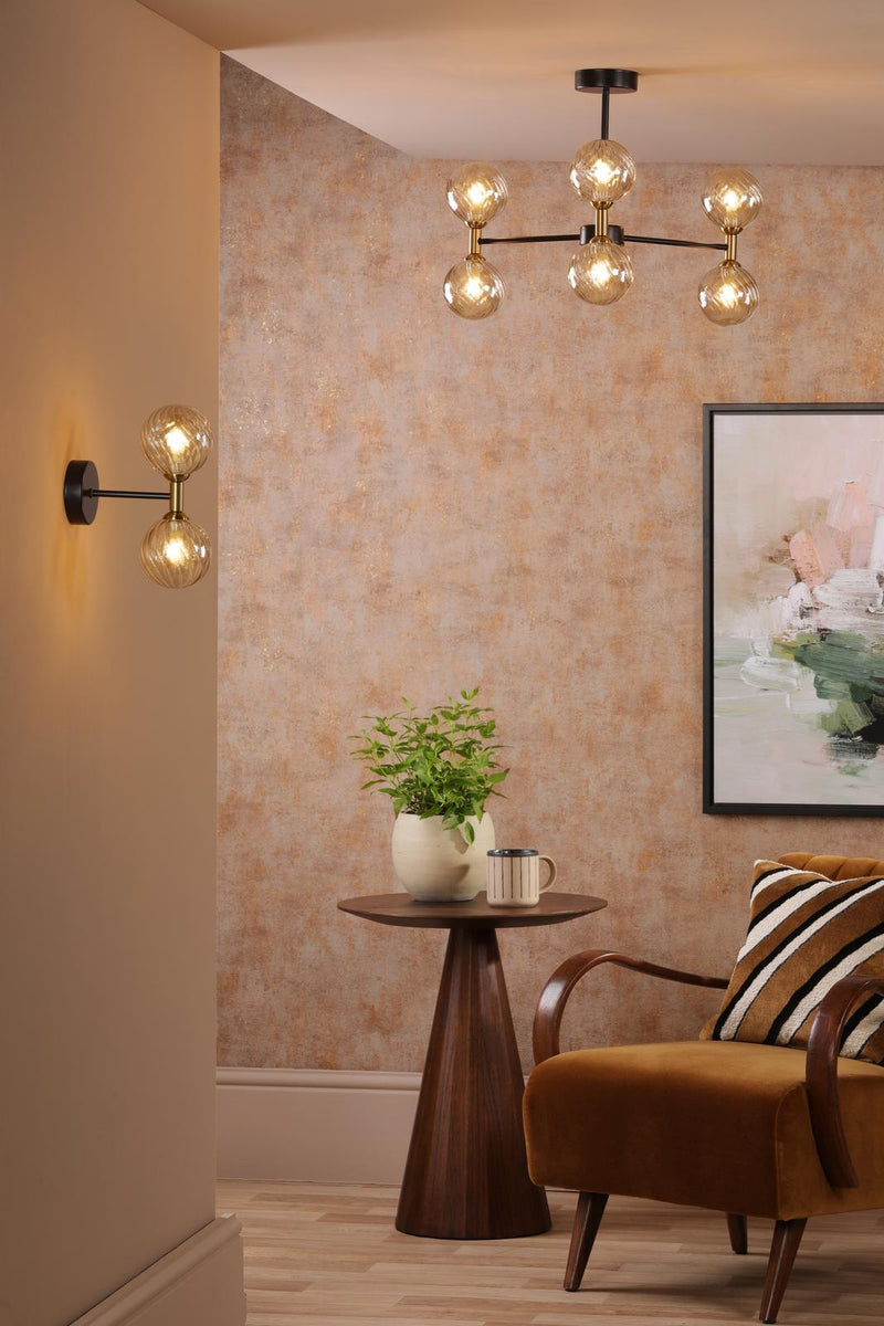 Dar Lighting Takara 2 Light Wall Light Matt Black and Bronze With Twisted Amber Glass • TAK0954-25