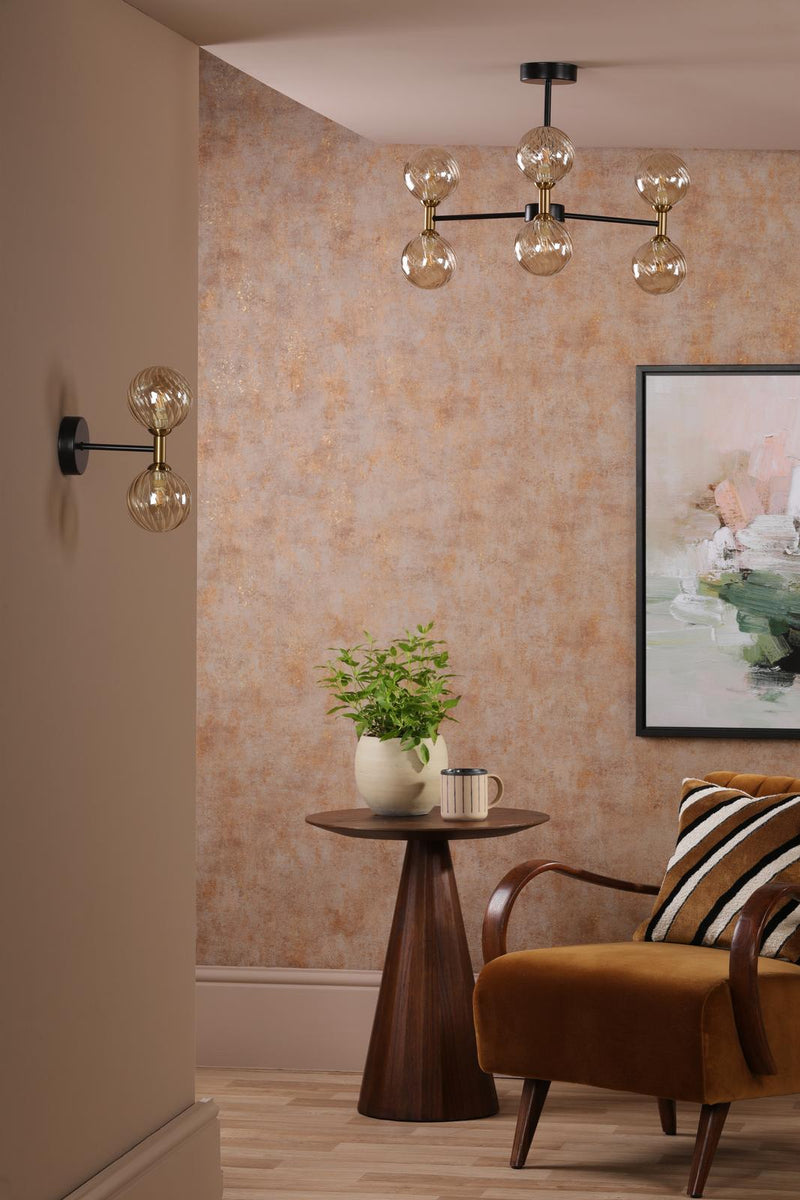 Dar Lighting Takara 2 Light Wall Light Matt Black and Bronze With Twisted Amber Glass • TAK0954-25