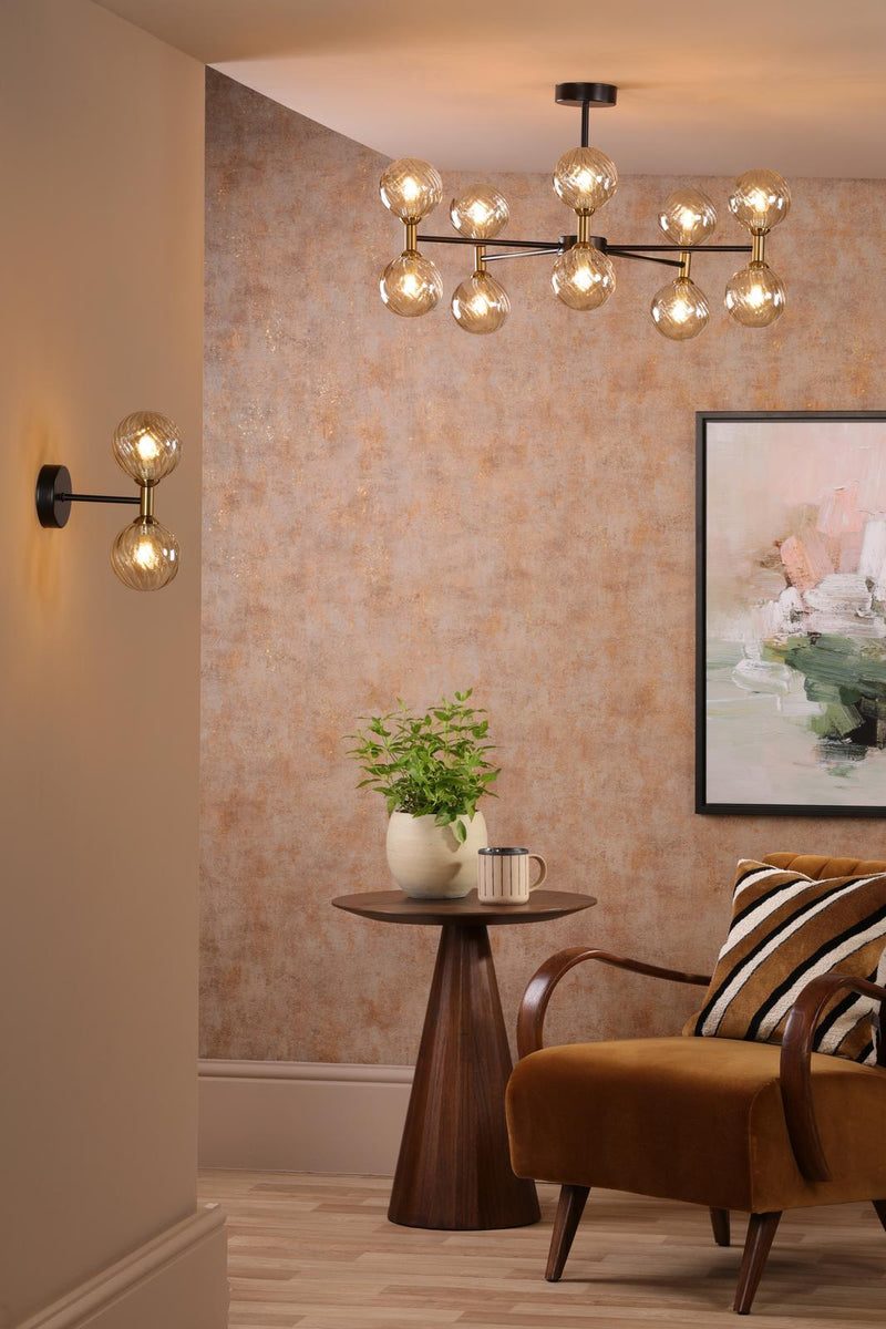 Dar Lighting Takara 10 Light Semi-Flush Matt Black and Bronze With Twisted Amber Glass • TAK2354-25