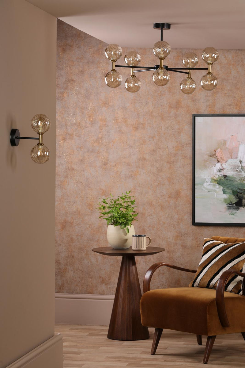 Dar Lighting Takara 10 Light Semi-Flush Matt Black and Bronze With Twisted Amber Glass • TAK2354-25