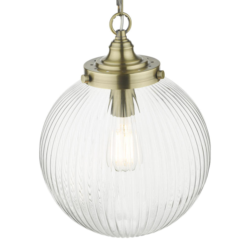 Dar Lighting Tamara 1 Light Single Pendant Antique Brass Ribbed Glass • TAM0175