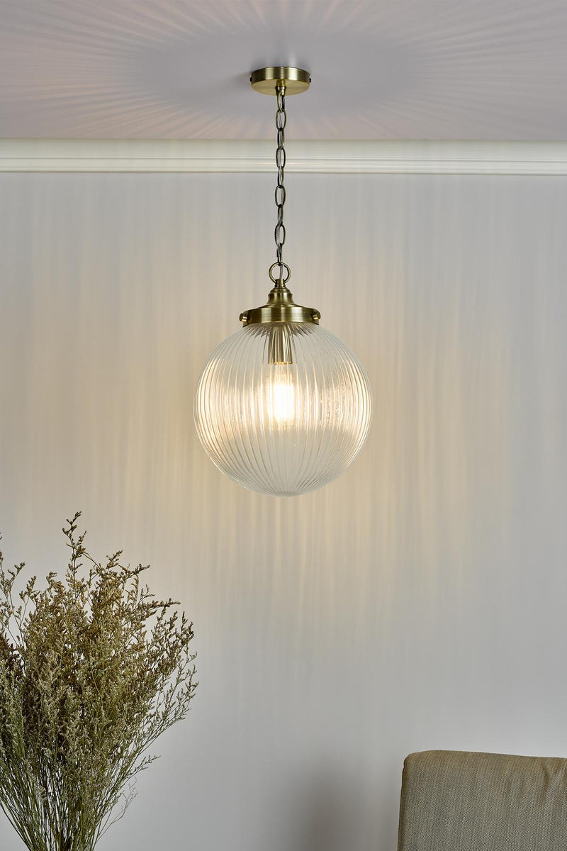Dar Lighting Tamara 1 Light Single Pendant Antique Brass Ribbed Glass • TAM0175