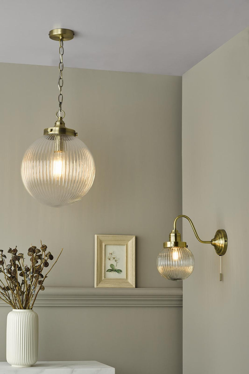 Dar Lighting Tamara 1 Light Single Pendant Antique Brass Ribbed Glass • TAM0175