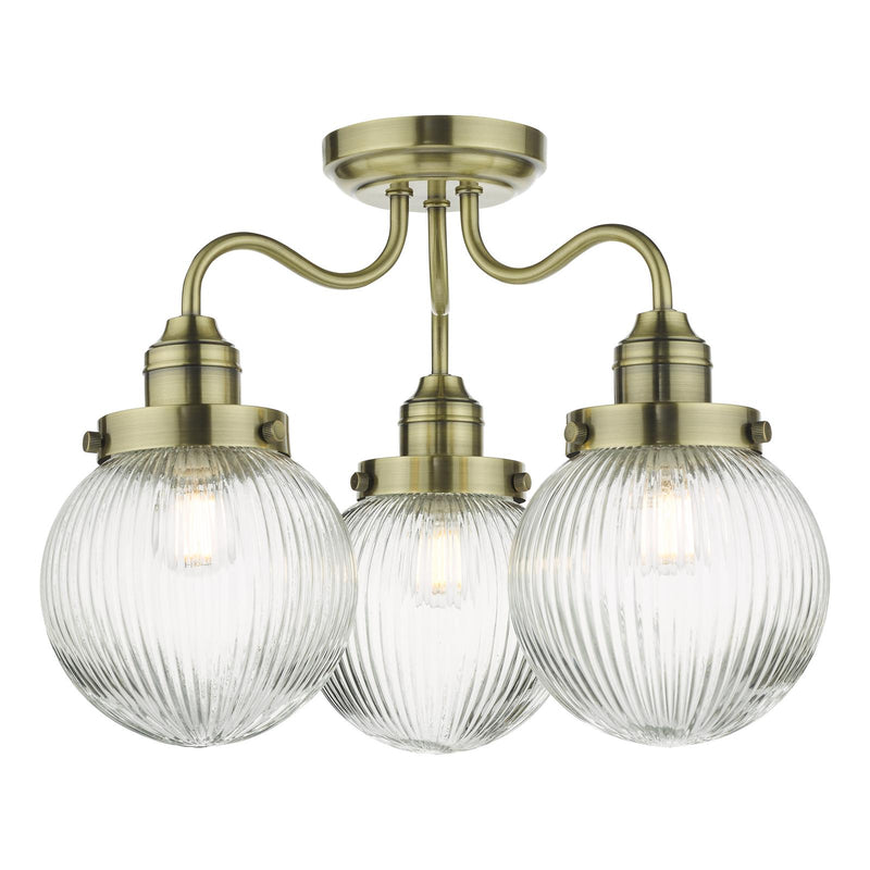 Dar Lighting Tamara 3 Light Bathroom Semi Flush Antique Brass Ribbed Glass IP44  • TAM5375-IP44