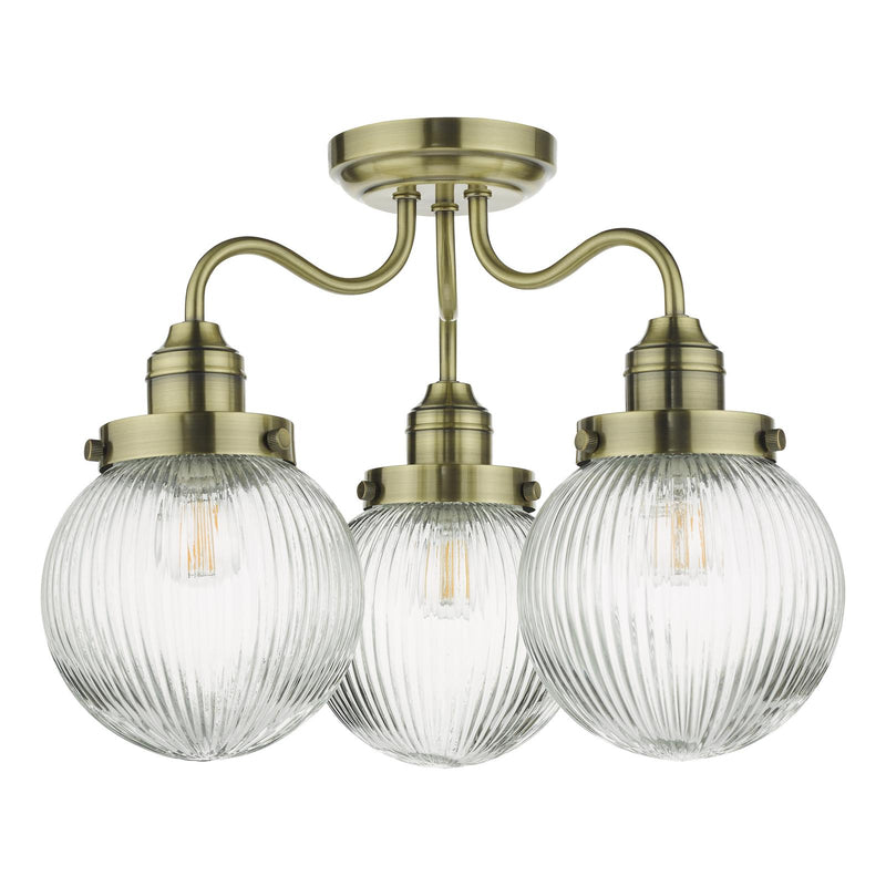 Dar Lighting Tamara 3 Light Bathroom Semi Flush Antique Brass Ribbed Glass IP44  • TAM5375-IP44