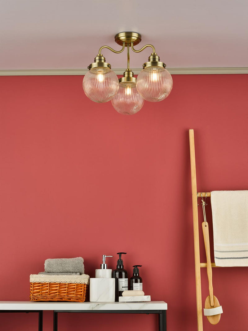 Dar Lighting Tamara 3 Light Bathroom Semi Flush Antique Brass Ribbed Glass IP44  • TAM5375-IP44