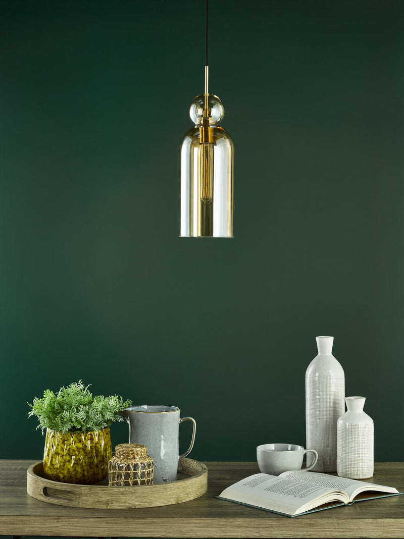 Dar Lighting Tao Pendant Brushed Bronze and Amber Glass • TAO0106