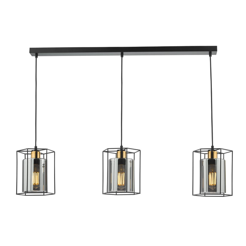 Dar Lighting Tatum 3 Light Bar Pendant Matt Black and Smoked Glass • TAT0322