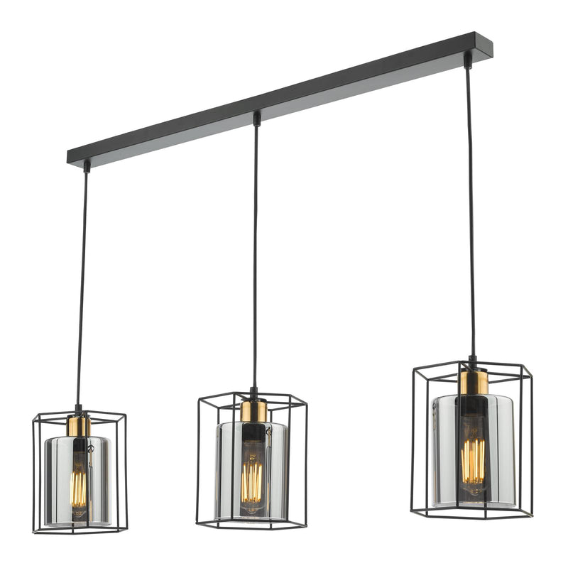 Dar Lighting Tatum 3 Light Bar Pendant Matt Black and Smoked Glass • TAT0322