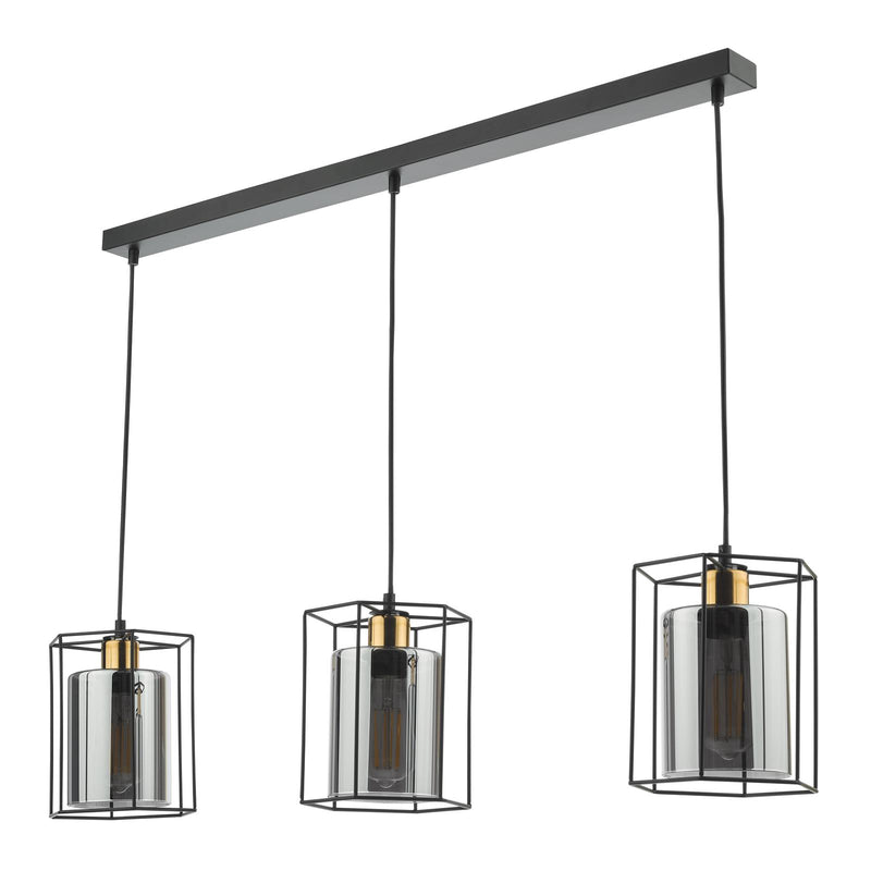 Dar Lighting Tatum 3 Light Bar Pendant Matt Black and Smoked Glass • TAT0322