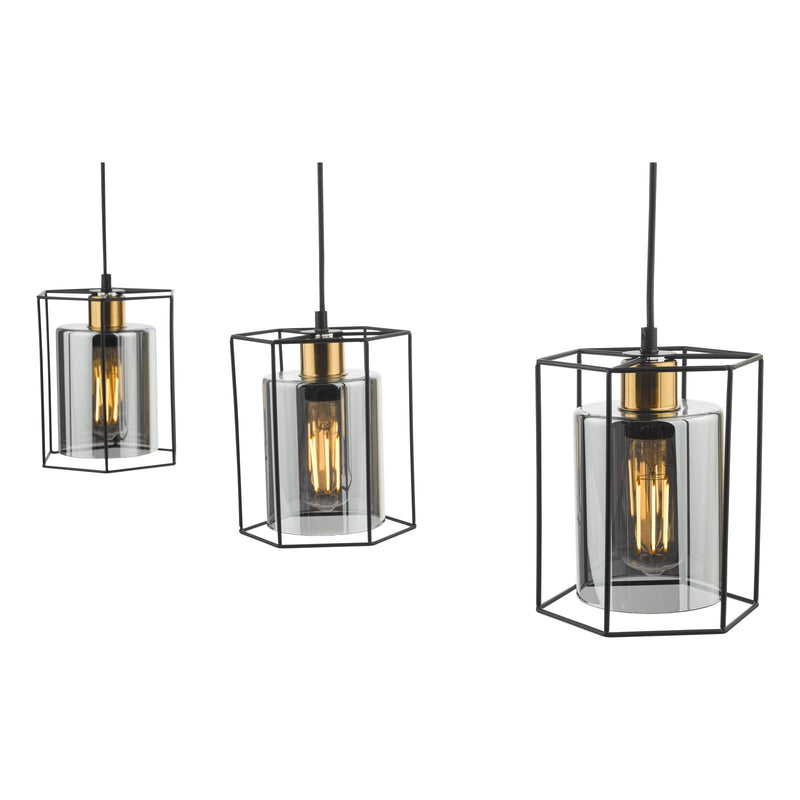 Dar Lighting Tatum 3 Light Bar Pendant Matt Black and Smoked Glass • TAT0322