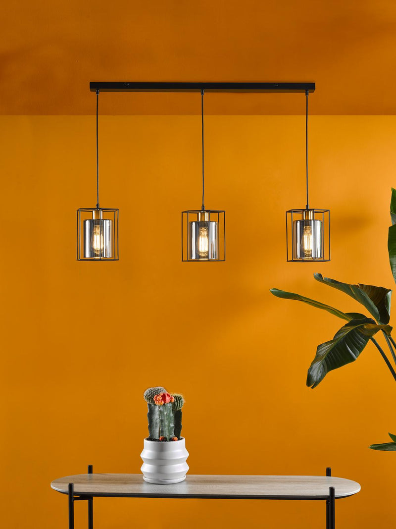 Dar Lighting Tatum 3 Light Bar Pendant Matt Black and Smoked Glass • TAT0322