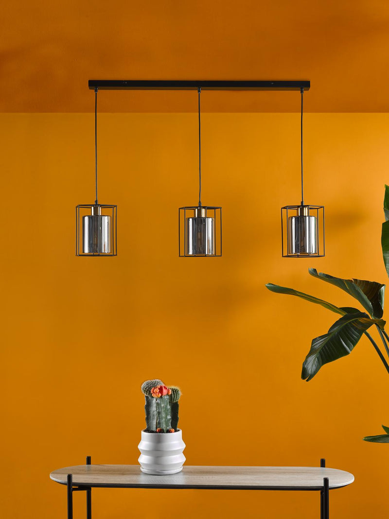 Dar Lighting Tatum 3 Light Bar Pendant Matt Black and Smoked Glass • TAT0322