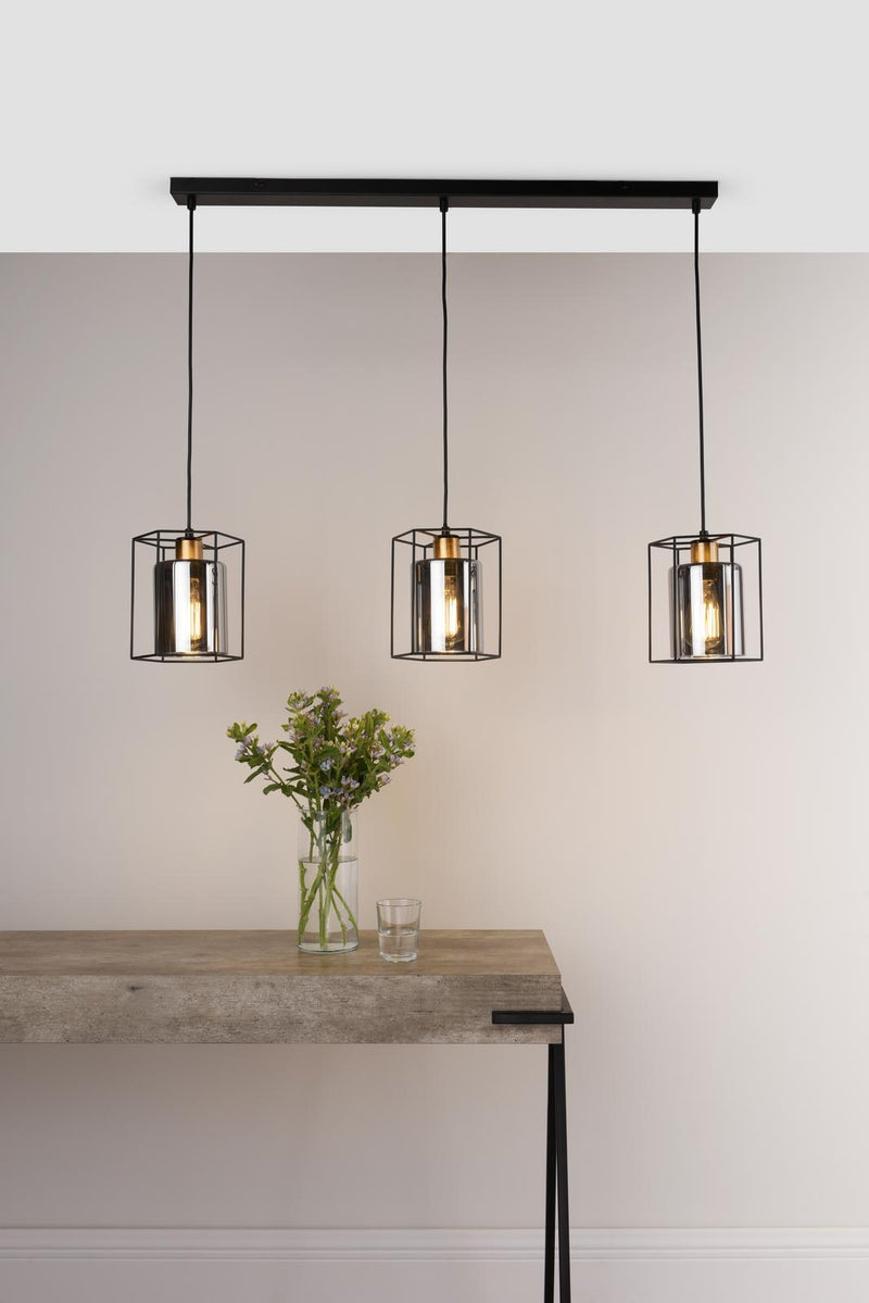 Dar Lighting Tatum 3 Light Bar Pendant Matt Black and Smoked Glass • TAT0322