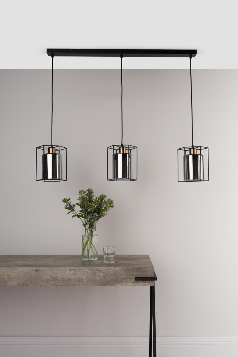 Dar Lighting Tatum 3 Light Bar Pendant Matt Black and Smoked Glass • TAT0322