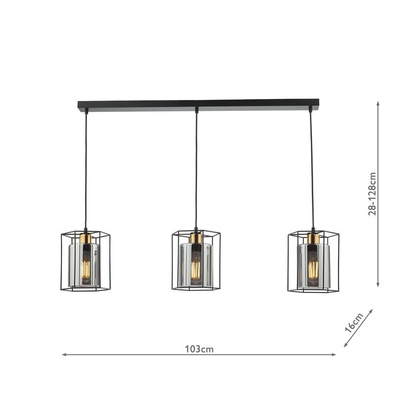 Dar Lighting Tatum 3 Light Bar Pendant Matt Black and Smoked Glass • TAT0322