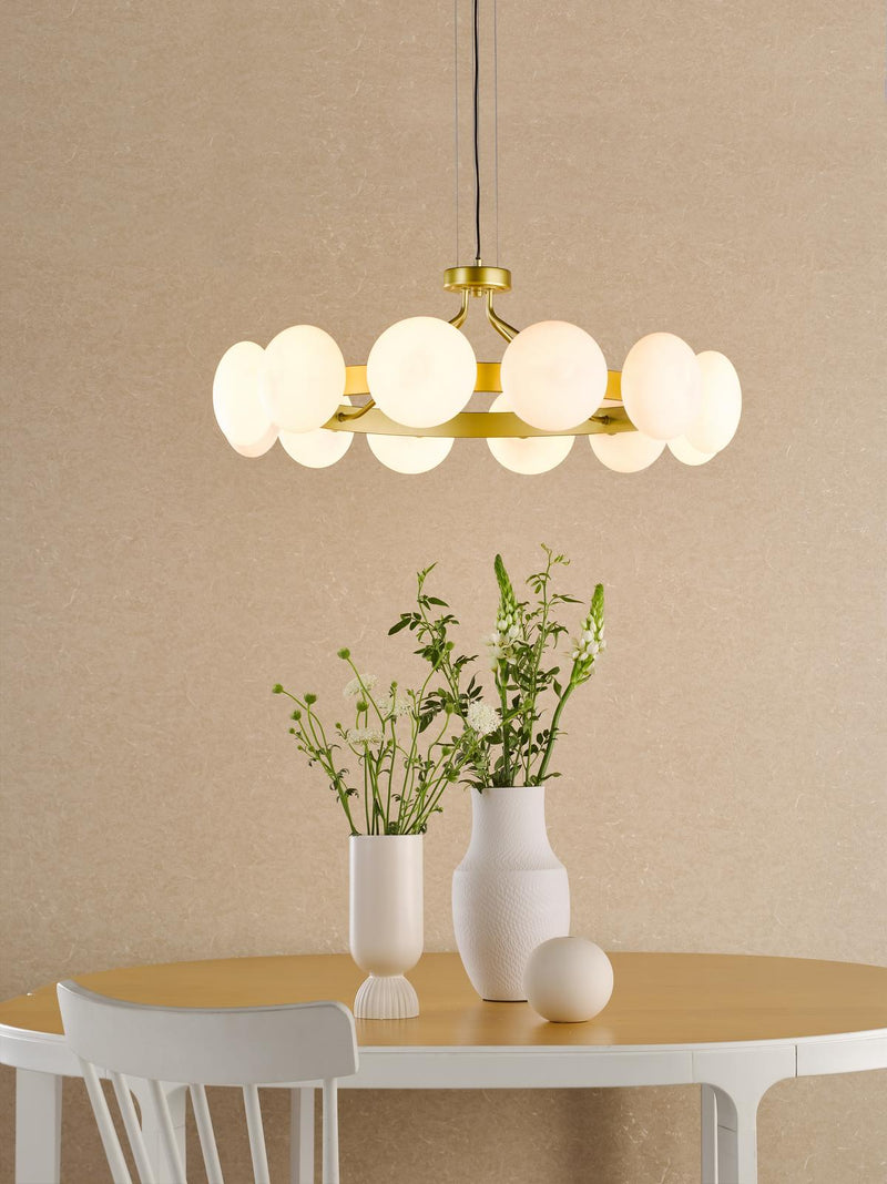 Dar Lighting Tauri 12 Light Pendant Matt Gold and Opal Glass • TAU1235