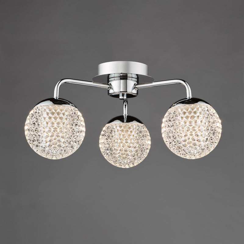 Dar Lighting Teva 3 Light Semi-Flush Polished Chrome and Faceted Acrylic IP44 • TEV5350