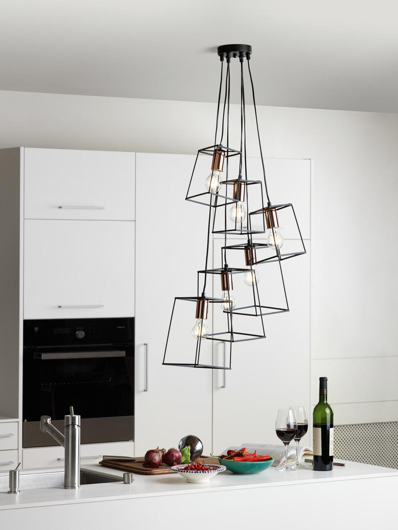 Dar Lighting Tower 6 Light Cluster Pendant Matt Black & Copper • TOW0622