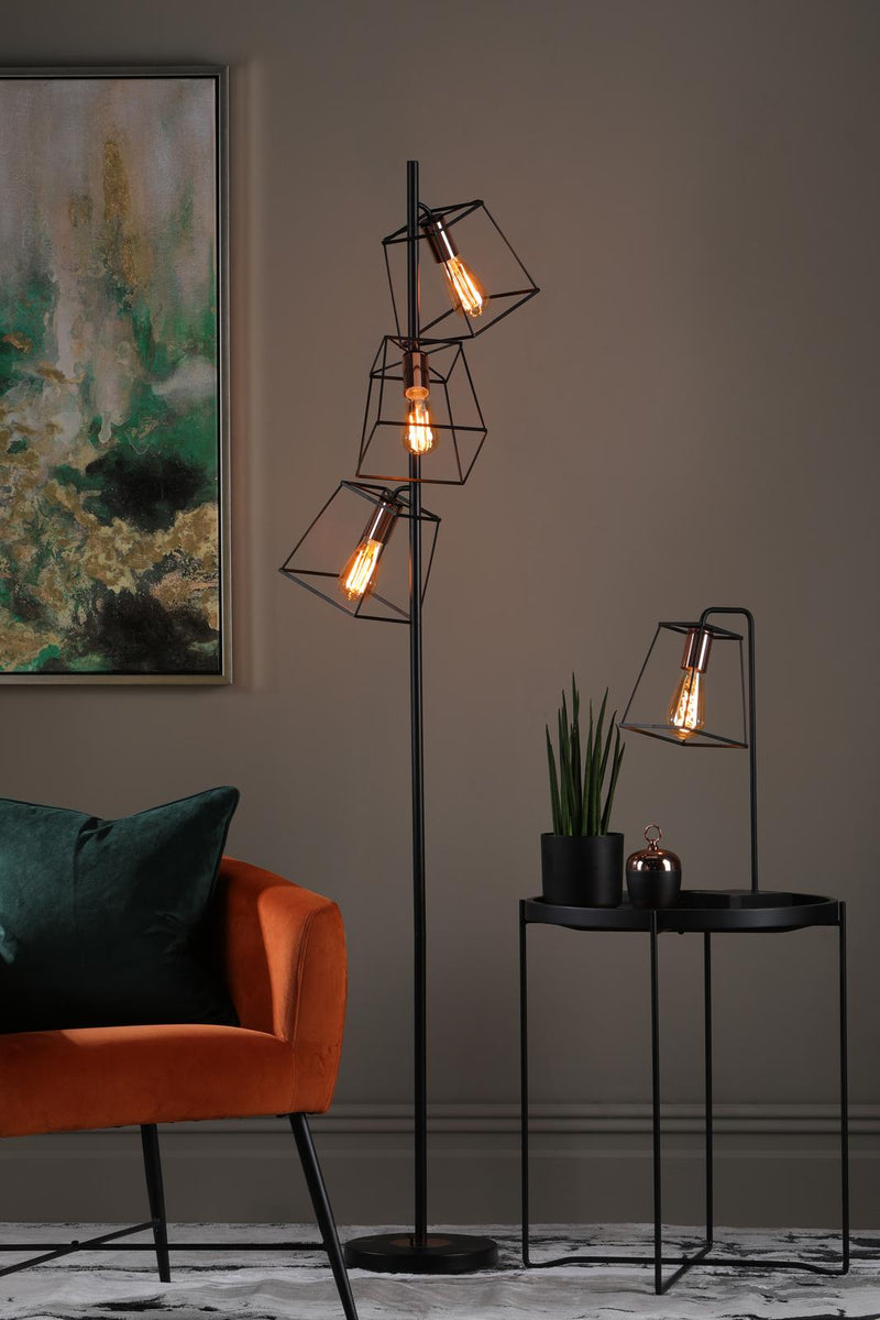 Dar Lighting Tower 3 Light Floor Lamp Matt Black and Polished Copper • TOW4922