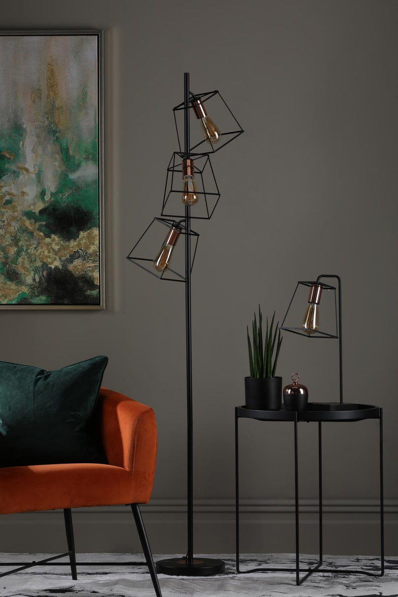 Dar Lighting Tower 3 Light Floor Lamp Matt Black and Polished Copper • TOW4922